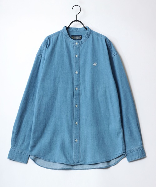 BEVERLY HILLS POLO CLUB（ビバリーヒルズポロクラブ）の「BEVERLY HILLS POLO CLUB/ビバリーヒルズポロクラブ オーバーサイズ コットン ツイル デニム ワンポイント刺繍 バンドカラーシャツ（シャツ/ブラウス・メンズ・ライトインディゴブルー/スミクロ/インディゴブルー/ホワイト・M/L/LL）」の10枚目の写真