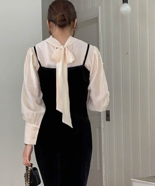 Dalfwin（ダールフィン）の「2023SS 春新作　韓国ファッション ブラウス レディース　バックリボンヴィンテージサテンブラウス リボン パフスリーブ トップス　2023SS シアー（シャツ/ブラウス・レディース・ベージュ/アイボリー・FREE）」の7枚目の写真