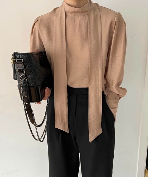 Dalfwin（ダールフィン）の「2023SS 春新作　韓国ファッション ブラウス レディース　バックリボンヴィンテージサテンブラウス リボン パフスリーブ トップス　2023SS シアー（シャツ/ブラウス・レディース・ベージュ/アイボリー・FREE）」の10枚目の写真