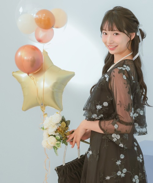 セール】パーティードレス 二次会 花柄刺繍 七分袖 シアースリーブ