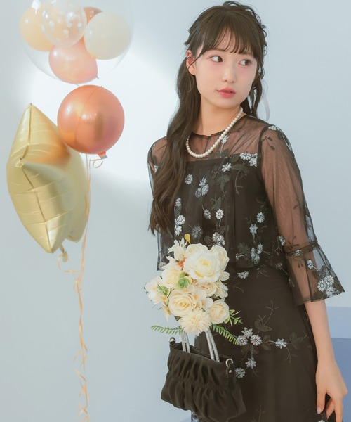 パーティードレス 花柄刺繍 七分袖 シアースリーブ シースルー ロング