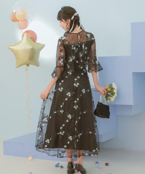 花柄 七分袖 ロングドレス MLサイズ 新品 レティカ Retica パーティードレス シースルー 七分袖 花柄 刺繍