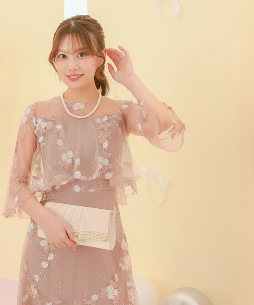 セール】パーティードレス 二次会 花柄刺繍 七分袖 シアースリーブ