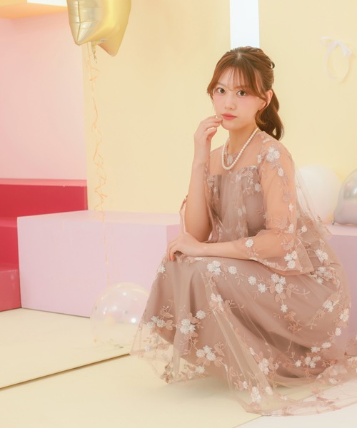 パーティードレス 花柄刺繍 七分袖 シアースリーブ シースルー ロング