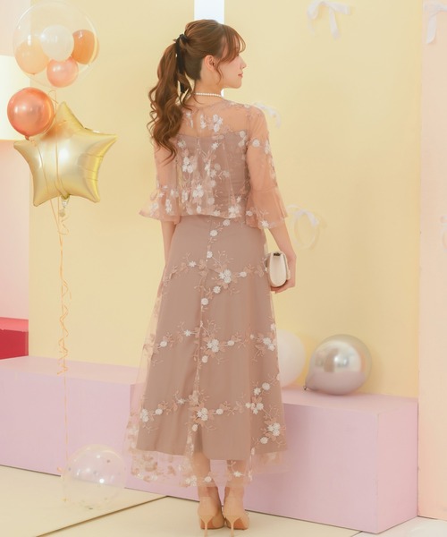 花柄 七分袖 ロングドレス MLサイズ 新品 フラワー刺繍フリル七分袖ロング丈パーティードレス (XSサイズ～4L