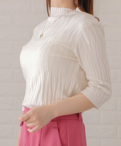 Lace Ladies(レースレディース)の「半袖ボトルネック凹凸模様プルオーバー(シャツ/ブラウス・レディース・ベージュ/ピンク/ブルー/ブラック・FREE)」の9枚目の写真