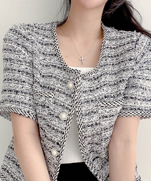 Sibra（シブラ）の「ツイード半袖ジャケット ショート丈コ－ト（ノーカラージャケット・レディース・ブルー/ブラック/ホワイト/ブルー系その他/ブルー系・M）」の3枚目の写真