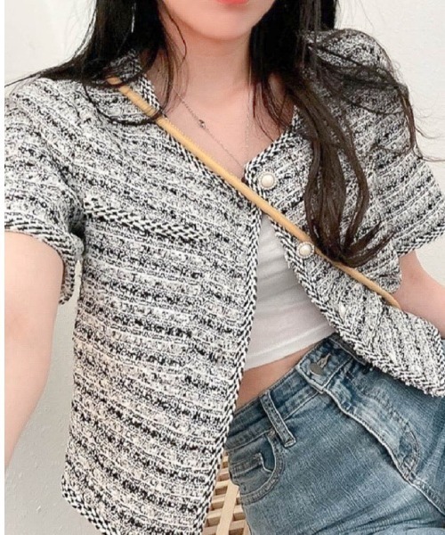 Sibra（シブラ）の「ツイード半袖ジャケット ショート丈コ－ト（ノーカラージャケット・レディース・ブルー/ブラック/ホワイト/ブルー系その他/ブルー系・M）」の6枚目の写真