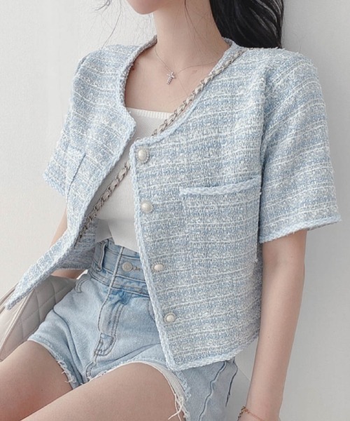 Sibra（シブラ）の「ツイード半袖ジャケット ショート丈コ－ト（ノーカラージャケット・レディース・ブルー/ブラック/ホワイト/ブルー系その他/ブルー系・M）」の9枚目の写真