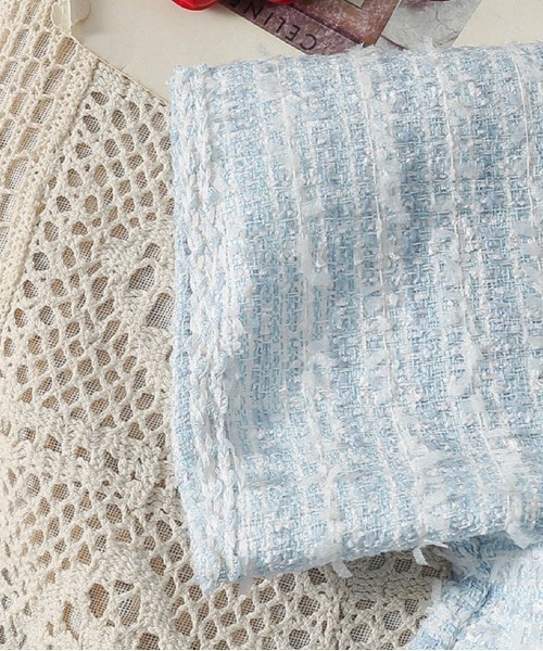 Sibra（シブラ）の「ツイード半袖ジャケット ショート丈コ－ト（ノーカラージャケット・レディース・ブルー/ブラック/ホワイト/ブルー系その他/ブルー系・M）」の7枚目の写真