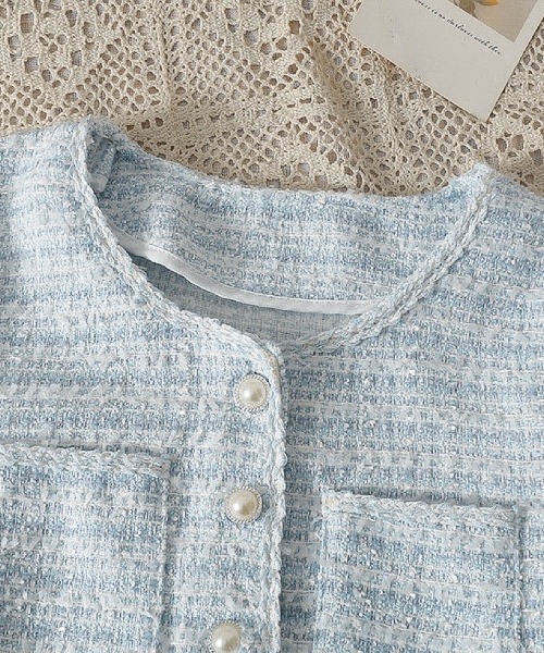 Sibra（シブラ）の「ツイード半袖ジャケット ショート丈コ－ト（ノーカラージャケット・レディース・ブルー/ブラック/ホワイト/ブルー系その他/ブルー系・M）」の13枚目の写真