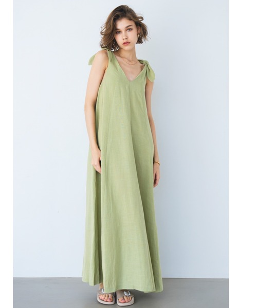 ALEXIA STAM(アリシアスタン)の「Tie Shoulder Long Dress / Vカット麻混ワンピース(ワンピース・レディース・ブラック/グリーン/ブラウン・FREE)」の17枚目の写真