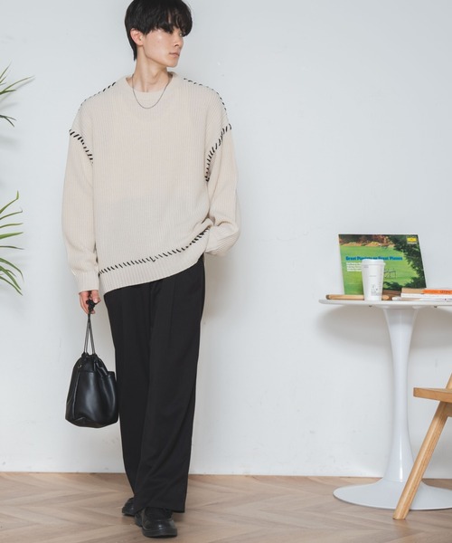 WEGO（ウィゴー）の「WEGO/ハンドステッチプルオーバー（ニット/セーター・メンズ・ブラック/アイボリー・MEDIUM/LARGE）」の6枚目の写真