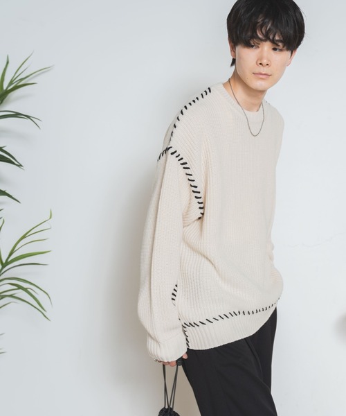 WEGO（ウィゴー）の「WEGO/ハンドステッチプルオーバー（ニット/セーター・メンズ・ブラック/アイボリー・MEDIUM/LARGE）」の7枚目の写真