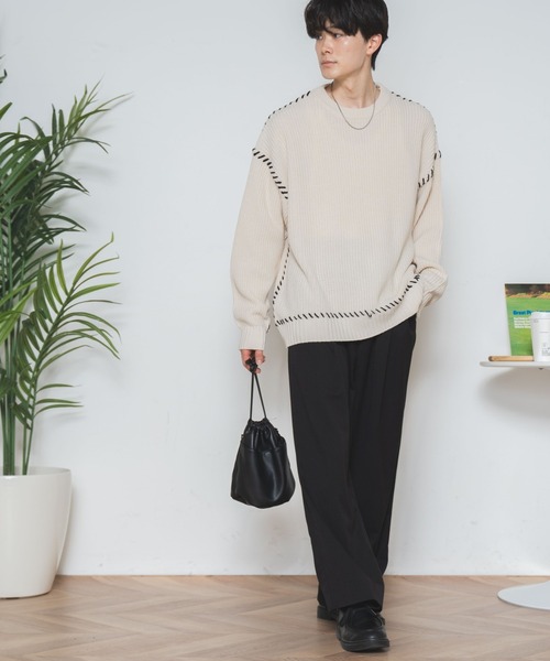 WEGO（ウィゴー）の「WEGO/ハンドステッチプルオーバー（ニット/セーター・メンズ・ブラック/アイボリー・MEDIUM/LARGE）」の4枚目の写真
