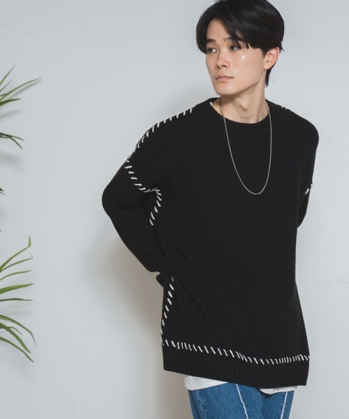 WEGO（ウィゴー）の「WEGO/ハンドステッチプルオーバー（ニット/セーター・メンズ・ブラック/アイボリー・MEDIUM/LARGE）」の14枚目の写真