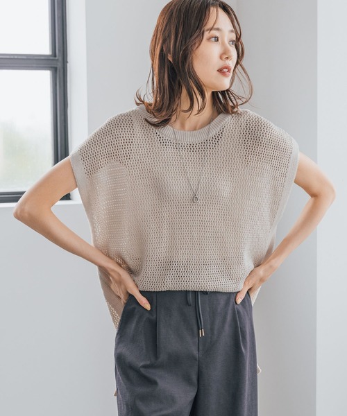 GLOBAL WORK（グローバルワーク）の「洗えるメッシュプルオーバーフレンチスリーブ/961077（ニット/セーター・レディース・ブラック/アイボリー/グレイッシュベージュ・FREE）」の3枚目の写真