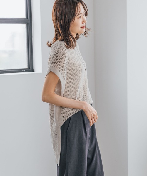 GLOBAL WORK（グローバルワーク）の「洗えるメッシュプルオーバーフレンチスリーブ/961077（ニット/セーター・レディース・ブラック/アイボリー/グレイッシュベージュ・FREE）」の14枚目の写真