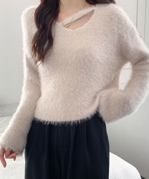 i-dare(アイディア)の「【i-dare】モヘアライク クロップド ニット ワイドセーター(ニット/セーター・レディース・グレー/アイボリー/ブラック/ホワイト/ライトパープル・FREE)」の1枚目の写真