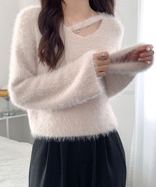i-dare(アイディア)の「【i-dare】モヘアライク クロップド ニット ワイドセーター(ニット/セーター・レディース・グレー/アイボリー/ブラック/ホワイト/ライトパープル・FREE)」の9枚目の写真