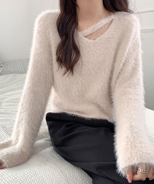 i-dare(アイディア)の「【i-dare】モヘアライク クロップド ニット ワイドセーター(ニット/セーター・レディース・グレー/アイボリー/ブラック/ホワイト/ライトパープル・FREE)」の10枚目の写真