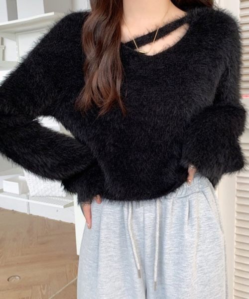 i-dare(アイディア)の「【i-dare】モヘアライク クロップド ニット ワイドセーター(ニット/セーター・レディース・グレー/アイボリー/ブラック/ホワイト/ライトパープル・FREE)」の13枚目の写真