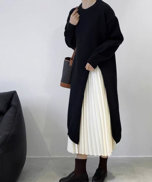 Miniministore(ミニミニストア)の「ニットワンピース 秋冬 ディープスリット(ワンピース・レディース・ブラック/アイボリー/ブルーグレー/グレー・フリー)」の2枚目の写真