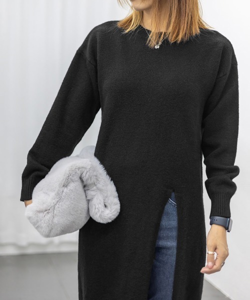 Miniministore(ミニミニストア)の「ニットワンピース 秋冬 ディープスリット(ワンピース・レディース・ブラック/アイボリー/ブルーグレー/グレー・フリー)」の16枚目の写真