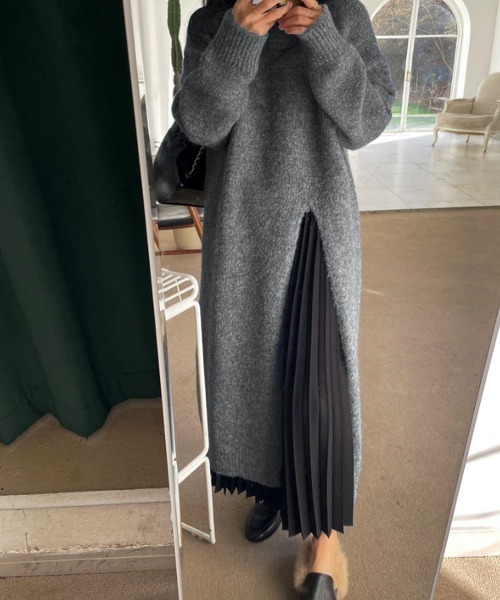Miniministore(ミニミニストア)の「ニットワンピース 秋冬 ディープスリット(ワンピース・レディース・ブラック/アイボリー/ブルーグレー/グレー・フリー)」の17枚目の写真