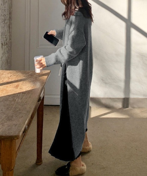 Miniministore(ミニミニストア)の「ニットワンピース 秋冬 ディープスリット(ワンピース・レディース・ブラック/アイボリー/ブルーグレー/グレー・フリー)」の19枚目の写真