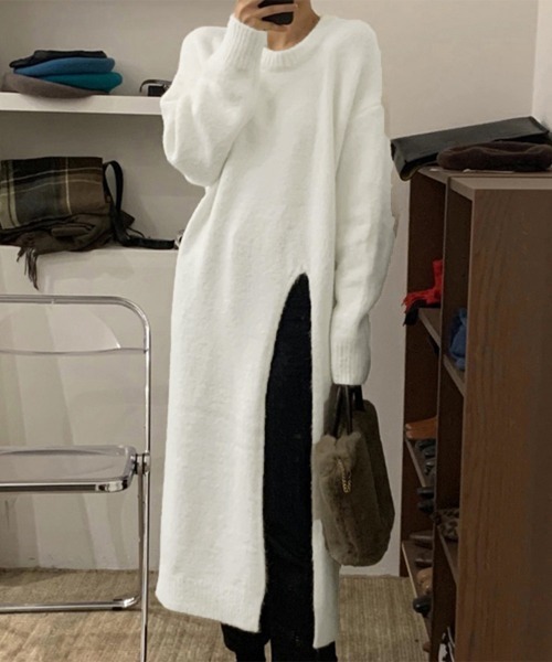 Miniministore(ミニミニストア)の「ニットワンピース 秋冬 ディープスリット(ワンピース・レディース・ブラック/アイボリー/ブルーグレー/グレー・フリー)」の20枚目の写真