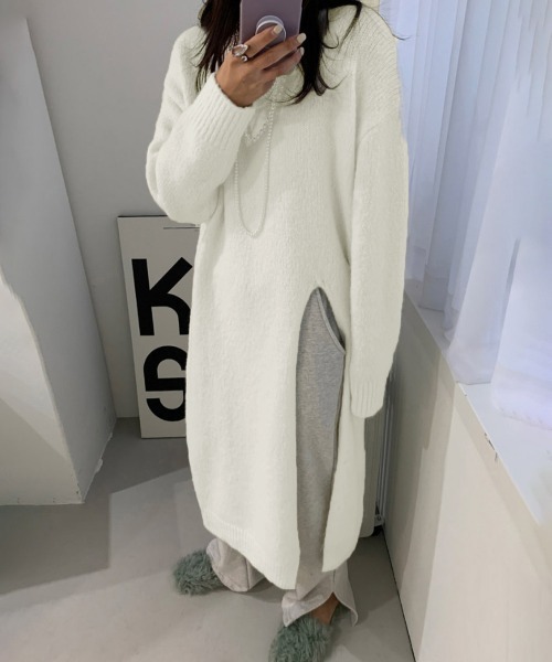 Miniministore(ミニミニストア)の「ニットワンピース 秋冬 ディープスリット(ワンピース・レディース・ブラック/アイボリー/ブルーグレー/グレー・フリー)」の21枚目の写真
