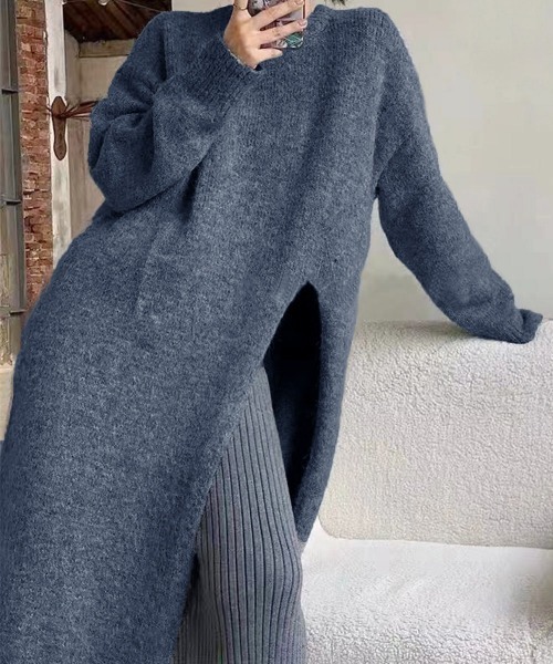 Miniministore(ミニミニストア)の「ニットワンピース 秋冬 ディープスリット(ワンピース・レディース・ブラック/アイボリー/ブルーグレー/グレー・フリー)」の14枚目の写真