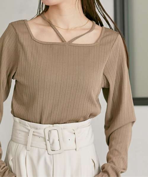 Thevon（ゼボン）の「ランダムリブホルターネックプルオーバー（Tシャツ/カットソー・レディース・オフホワイト/ブラック/モカ/イエロー・FREE）」の3枚目の写真