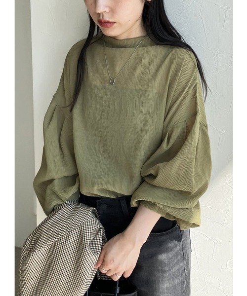 ハイネックランダムプリーツボリュームスリーブブラウス（シャツ