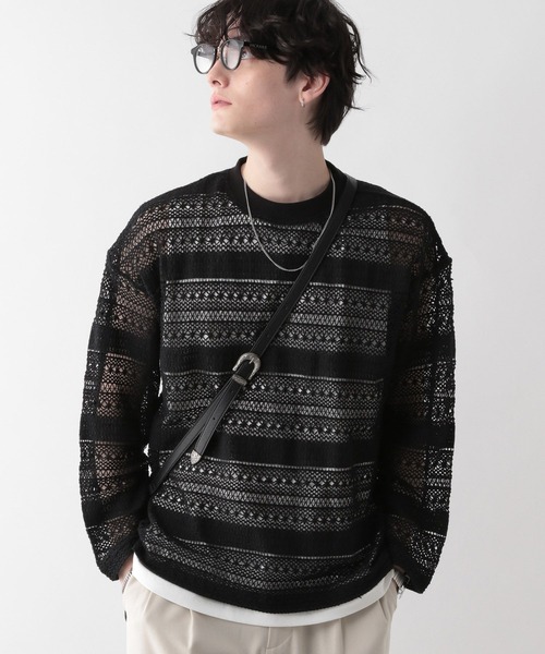 RAGEBLUE(レイジブルー)の「透かし編みジャガードプルオーバールーズメッシュロンT(Tシャツ/カットソー・メンズ・ホワイト/ブラック・MEDIUM/LARGE)」の20枚目の写真