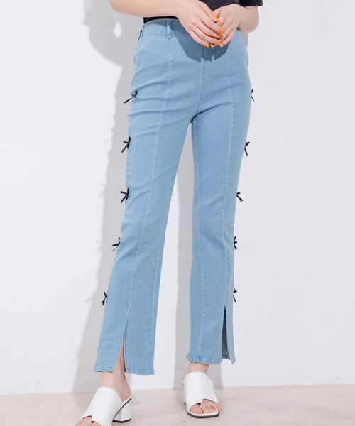 Jayro(ジャイロ)の「サイドリボンストレッチパンツ(その他パンツ・レディース・ブラック/サックスブルー/ブルー・M)」の1枚目の写真
