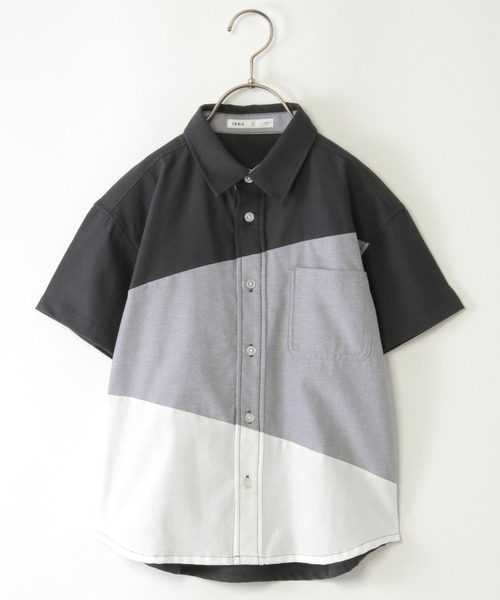 ikka(イッカ)の「アシメ切り替え半袖シャツ(120~160cm)(シャツ/ブラウス・キッズ・オフホワイト/ブラック・160/150/140/130/120)」の1枚目の写真