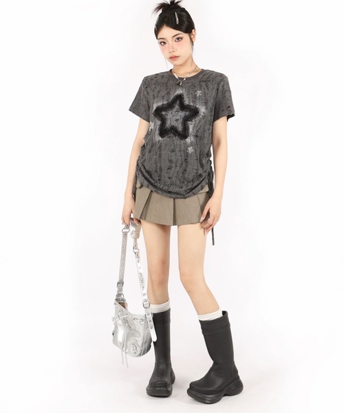tシャツ A'GEM/9 × .kom 「.KOM/ドットケーオーエム」 スターサイドギャザーTシャツ レディース KOM tシャツ A'GEM/9 × .kom 「.KOM/ドットケーオーエム