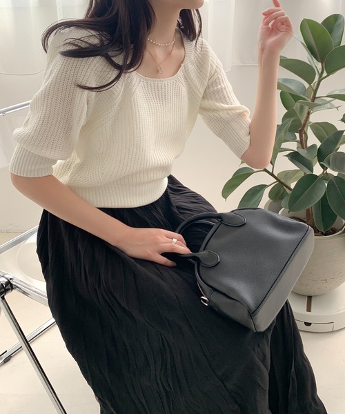 Teem Store(チームストア)の「バックリボン パフスリーブ サマーニット(ニット/セーター・レディース・ホワイト/グリーン/ブルー・F)」の2枚目の写真
