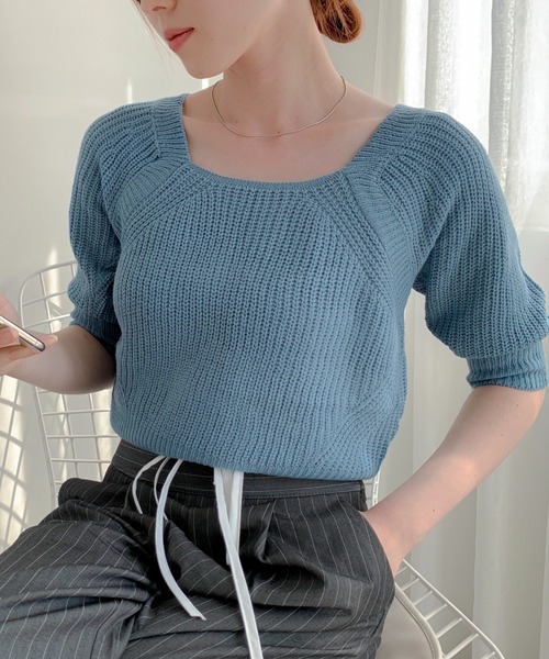 Teem Store(チームストア)の「バックリボン パフスリーブ サマーニット(ニット/セーター・レディース・ホワイト/グリーン/ブルー・F)」の3枚目の写真