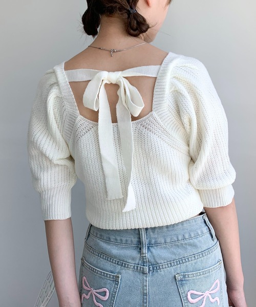 Teem Store(チームストア)の「バックリボン パフスリーブ サマーニット(ニット/セーター・レディース・ホワイト/グリーン/ブルー・F)」の18枚目の写真