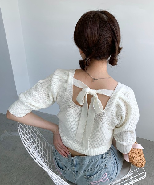 Teem Store(チームストア)の「バックリボン パフスリーブ サマーニット(ニット/セーター・レディース・ホワイト/グリーン/ブルー・F)」の21枚目の写真
