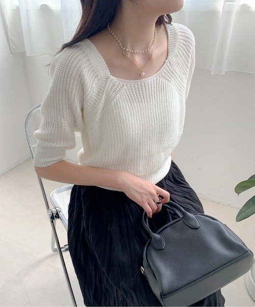Teem Store(チームストア)の「バックリボン パフスリーブ サマーニット(ニット/セーター・レディース・ホワイト/グリーン/ブルー・F)」の8枚目の写真