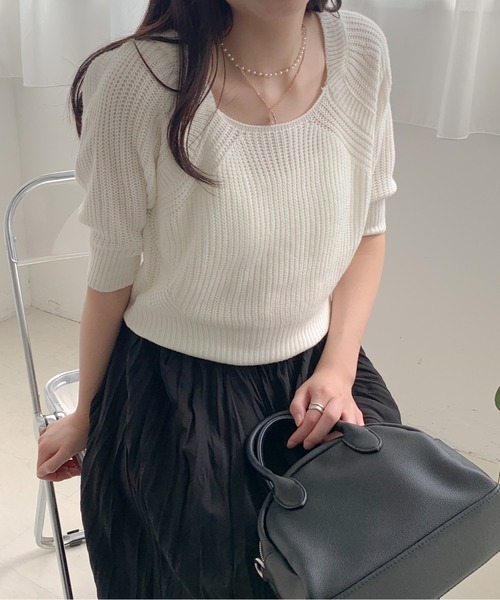 Teem Store(チームストア)の「バックリボン パフスリーブ サマーニット(ニット/セーター・レディース・ホワイト/グリーン/ブルー・F)」の9枚目の写真