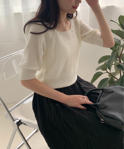 Teem Store(チームストア)の「バックリボン パフスリーブ サマーニット(ニット/セーター・レディース・ホワイト/グリーン/ブルー・F)」の12枚目の写真
