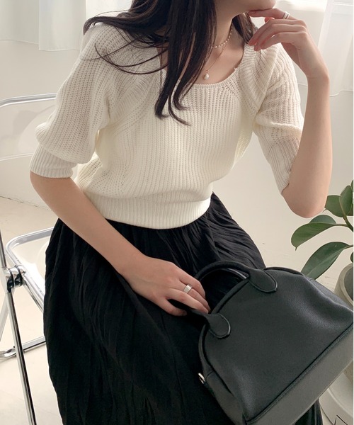 Teem Store(チームストア)の「バックリボン パフスリーブ サマーニット(ニット/セーター・レディース・ホワイト/グリーン/ブルー・F)」の7枚目の写真