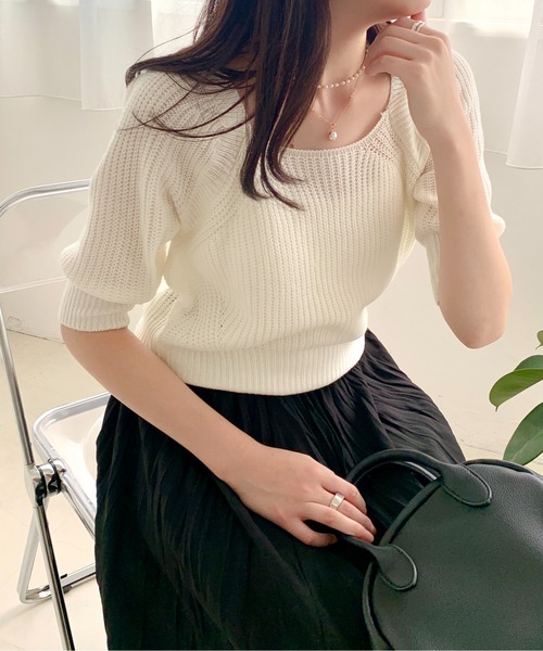 Teem Store(チームストア)の「バックリボン パフスリーブ サマーニット(ニット/セーター・レディース・ホワイト/グリーン/ブルー・F)」の6枚目の写真