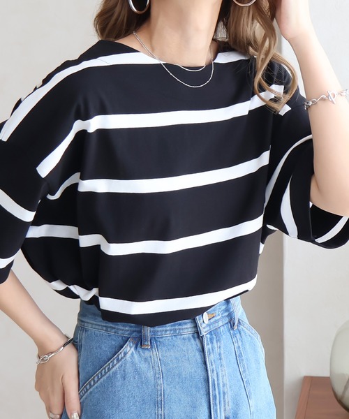 Social GIRL（ソーシャルガール）の「ワイドボーダーBIGTシャツ（Tシャツ/カットソー・レディース・グレイッシュベージュ/ブルー/ブラック・FREE）」の2枚目の写真