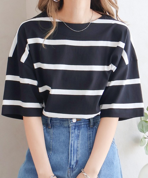 Social GIRL（ソーシャルガール）の「ワイドボーダーBIGTシャツ（Tシャツ/カットソー・レディース・グレイッシュベージュ/ブルー/ブラック・FREE）」の12枚目の写真